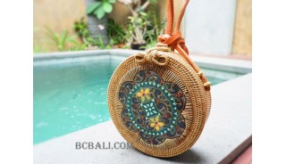 handmade circle sling bags rattan with wood painting