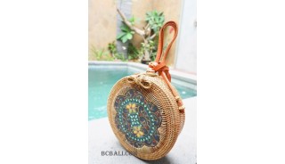 handmade circle sling bags rattan with wood painting