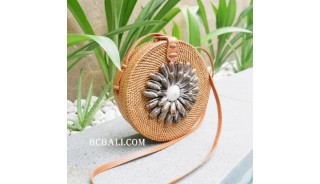 bali handmade rattan sling bags circle with seashells