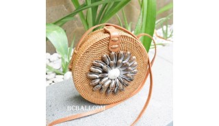 bali handmade rattan sling bags circle with seashells