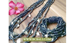 Long Strand Beads Charm Necklace Bracelets Set