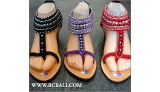 Leather Sandals Wedges Seeds Beading Casual